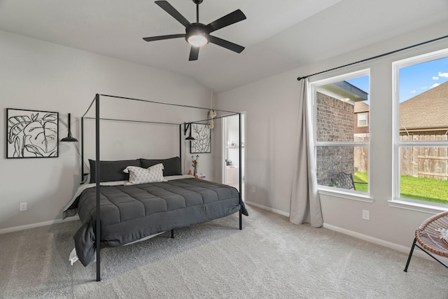 13110 Mid Stocket Dr, Humble, TX 77346 - bedroom with carpet flooring, lofted ceiling, baseboards, and ceiling fan