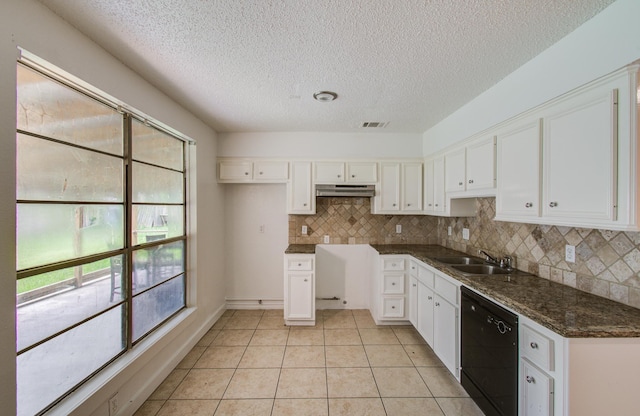 2614 Lemonwood Ln, Houston, TX 77038 - kitchen with dishwasher, under cabinet range hood, a sink, tasteful backsplash, and white cabinetry