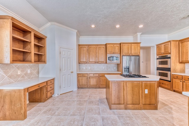 1114 Ridgeburg Ct, Houston, TX 77077 - kitchen with stainless steel appliances, light countertops, a center island, backsplash, and a textured ceiling