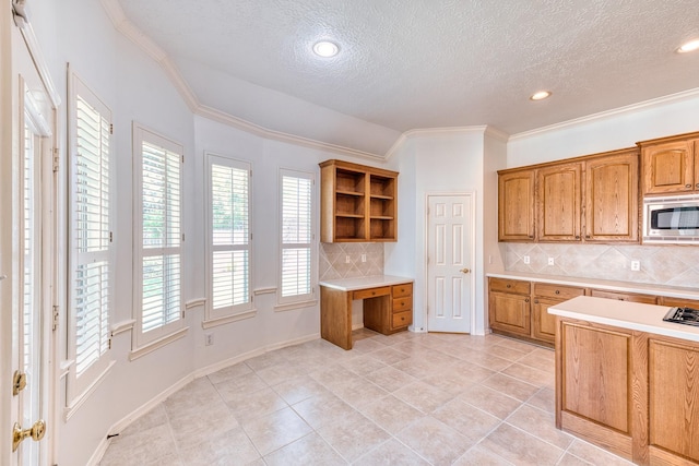 1114 Ridgeburg Ct, Houston, TX 77077 - kitchen featuring stainless steel microwave, open shelves, backsplash, light countertops, and a textured ceiling