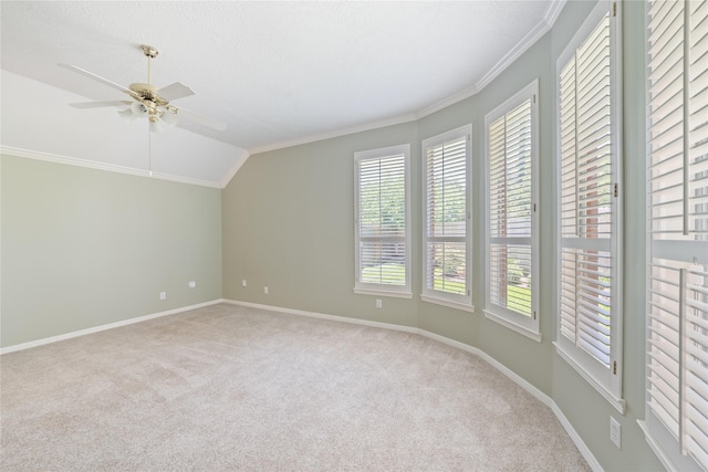 1114 Ridgeburg Ct, Houston, TX 77077 - spare room featuring healthy amount of natural light, carpet floors, vaulted ceiling, ornamental molding, and a ceiling fan