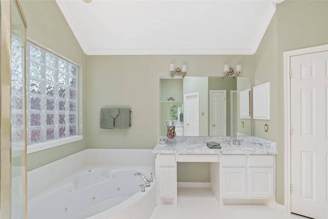 1114 Ridgeburg Ct, Houston, TX 77077 - bathroom with ornamental molding, a jetted tub, and vanity