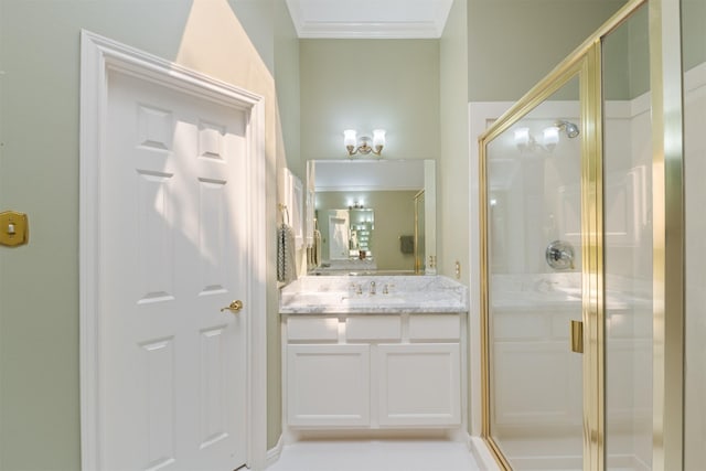 1114 Ridgeburg Ct, Houston, TX 77077 - bathroom featuring ornamental molding, a shower stall, and vanity