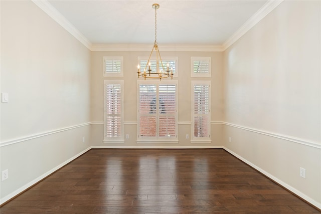 1114 Ridgeburg Ct, Houston, TX 77077 - unfurnished dining area with a chandelier, dark wood-style floors, healthy amount of natural light, crown molding, and baseboards