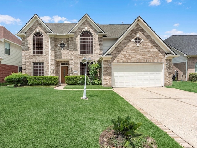 126 Oryan Ct, Houston, TX 77015 - view of front of house with driveway, a front lawn, brick siding, roof with shingles, and a garage