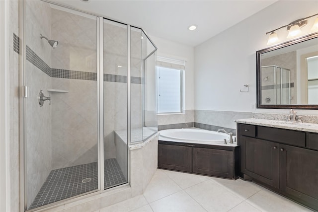 1184 Nelson Falls Ln, Houston, TX 77008 - bathroom featuring tile patterned flooring, a stall shower, a garden tub, and vanity