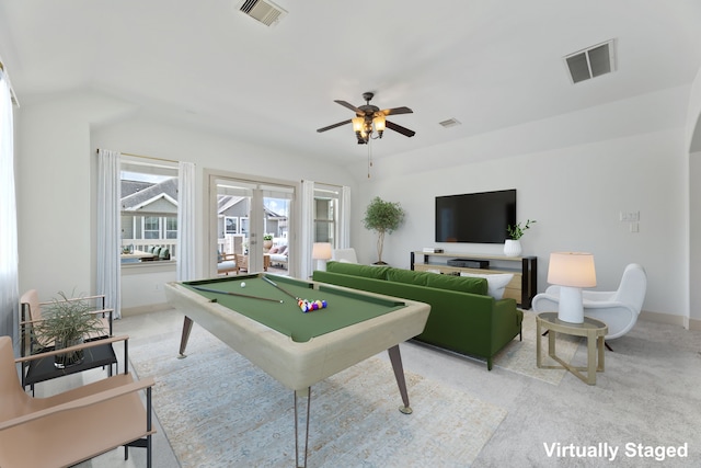 1184 Nelson Falls Ln, Houston, TX 77008 - recreation room featuring french doors, a ceiling fan, billiards table, and light carpet