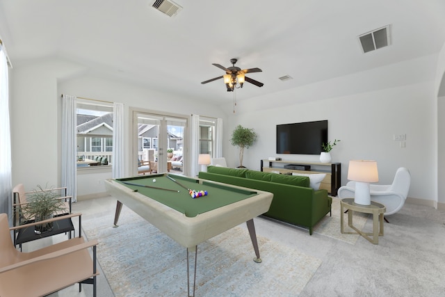 1184 Nelson Falls Ln, Houston, TX 77008 - rec room with french doors, a ceiling fan, billiards table, and light colored carpet