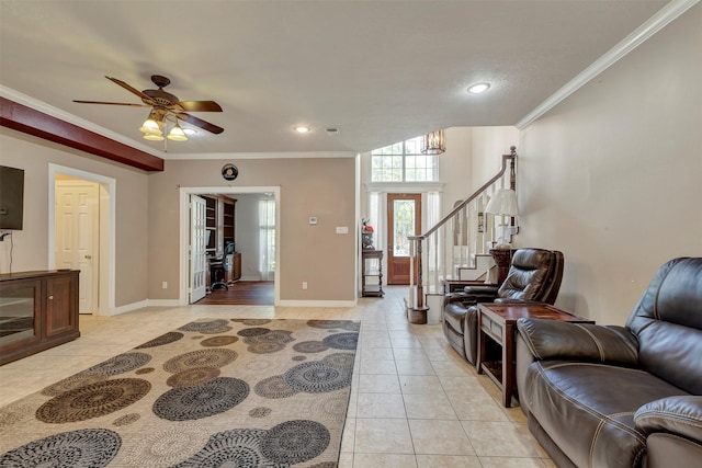 9822 El Chaco St, Baytown, TX 77521 - living room featuring crown molding, light tile patterned flooring, a ceiling fan, recessed lighting, and baseboards