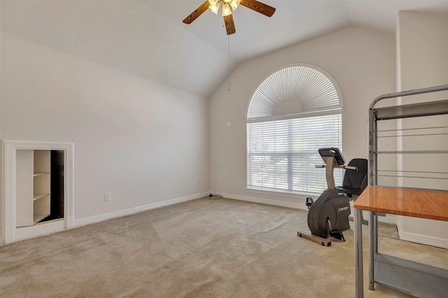 9822 El Chaco St, Baytown, TX 77521 - workout area featuring lofted ceiling, ceiling fan, carpet floors, and baseboards