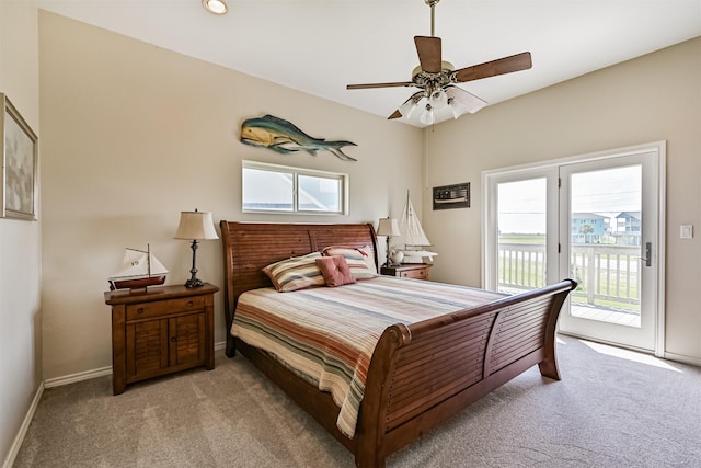 bedroom with carpet, access to exterior, baseboards, and a ceiling fan