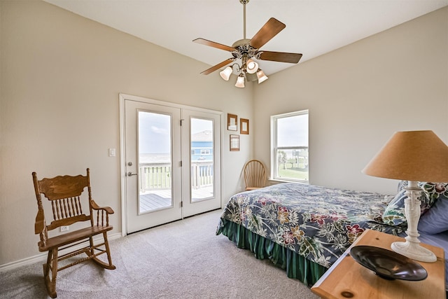 bedroom with carpet floors, access to outside, baseboards, and ceiling fan