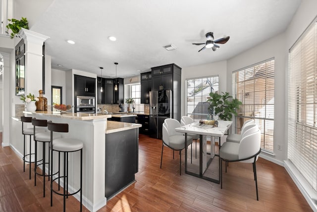 14902 Autumnvale Ln, Cypress, TX 77429 - kitchen featuring appliances with stainless steel finishes, dark cabinetry, healthy amount of natural light, light countertops, and recessed lighting