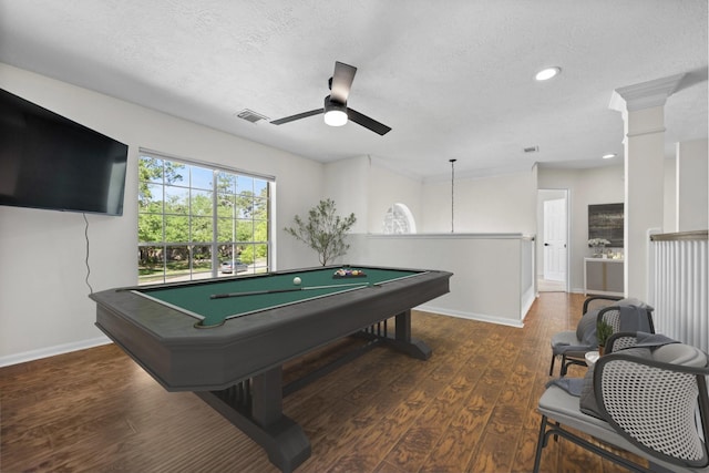 14902 Autumnvale Ln, Cypress, TX 77429 - game room with ceiling fan, billiards table, a textured ceiling, wood finished floors, and baseboards