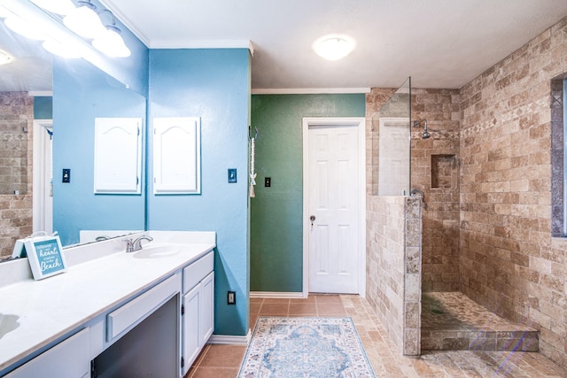 10835 Spruce Dr S, La Porte, TX 77571 - full bath with a walk in shower, vanity, crown molding, baseboards, and tile patterned floors