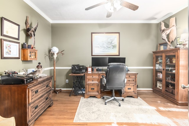 12127 Via San Rocco Ct, Cypress, TX 77429 - home office featuring light wood finished floors, ceiling fan, ornamental molding, and baseboards
