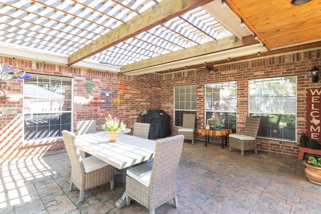 12127 Via San Rocco Ct, Cypress, TX 77429 - view of patio / terrace featuring a grill, outdoor dining space, a pergola, and ceiling fan