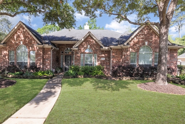 12127 Via San Rocco Ct, Cypress, TX 77429 - ranch-style home with brick siding, a front yard, a chimney, and roof with shingles