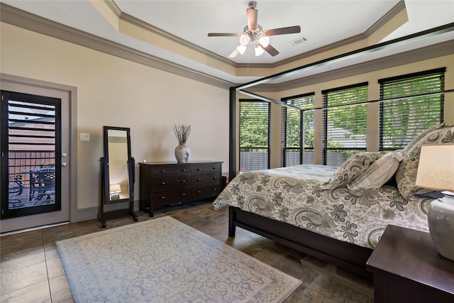 9010 Kapri Ln, Houston, TX 77025 - bedroom featuring multiple windows, ornamental molding, access to exterior, a raised ceiling, and ceiling fan
