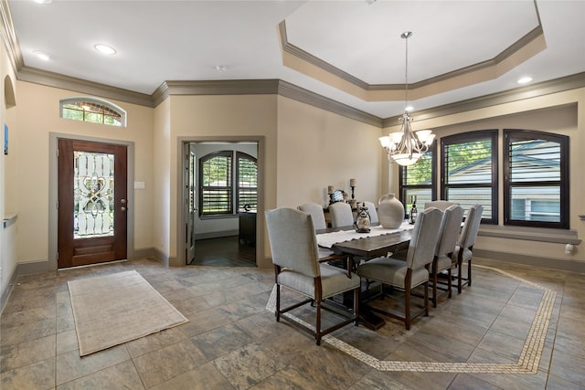 9010 Kapri Ln, Houston, TX 77025 - dining area featuring ornamental molding, a chandelier, baseboards, and recessed lighting