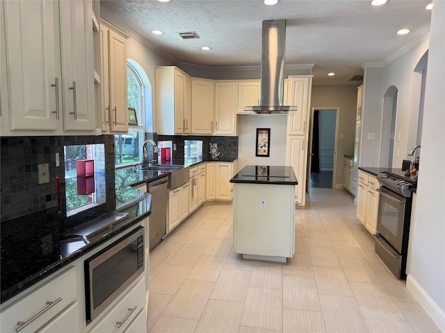 2810 Bright Trl, Sugar Land, TX 77479 - kitchen featuring black appliances, ornamental molding, range hood, a sink, and recessed lighting