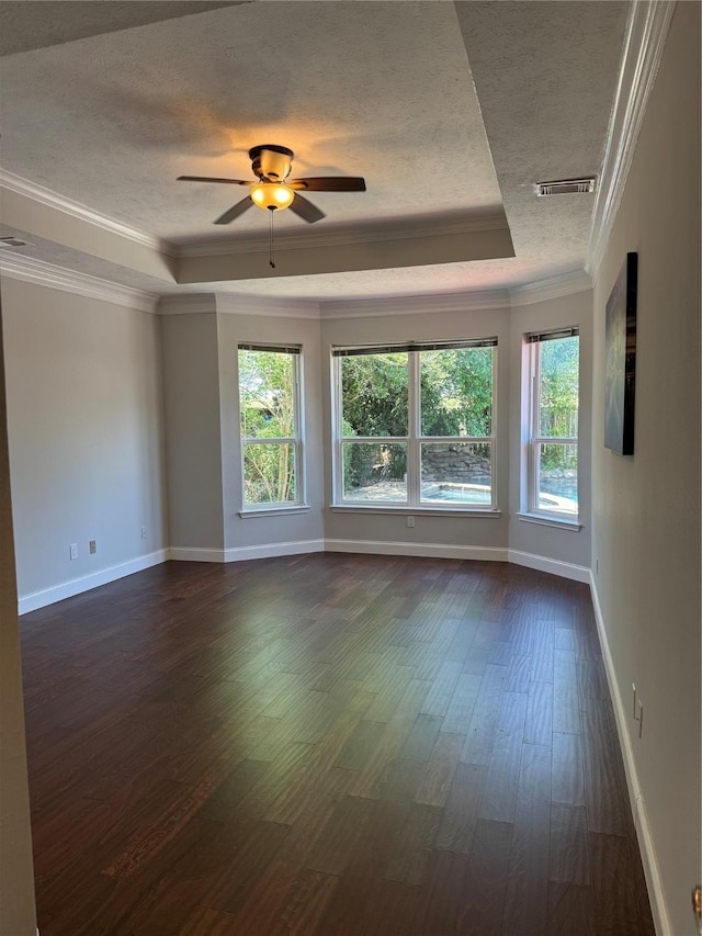 2810 Bright Trl, Sugar Land, TX 77479 - empty room featuring a tray ceiling, plenty of natural light, a textured ceiling, ornamental molding, and dark wood-style flooring