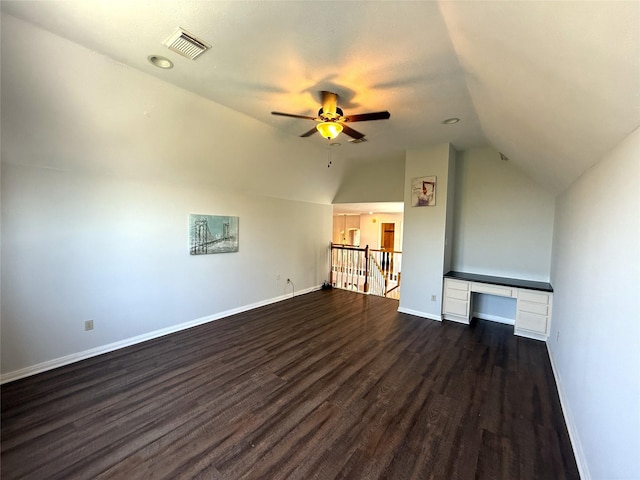 2810 Bright Trl, Sugar Land, TX 77479 - unfurnished living room featuring lofted ceiling, dark wood finished floors, baseboards, ceiling fan, and an office area