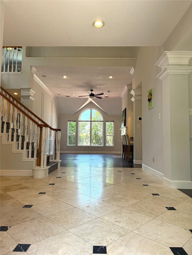 2810 Bright Trl, Sugar Land, TX 77479 - entryway featuring baseboards, stairway, a ceiling fan, lofted ceiling, and ornamental molding
