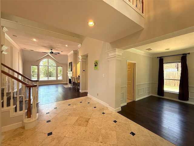 2810 Bright Trl, Sugar Land, TX 77479 - tiled foyer with crown molding, ceiling fan, recessed lighting, stairs, and baseboards