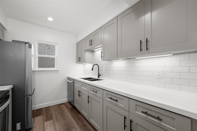 2744 Briarhurst Dr Unit 33, Houston, TX 77057 - kitchen featuring a sink, appliances with stainless steel finishes, gray cabinetry, decorative backsplash, and light countertops
