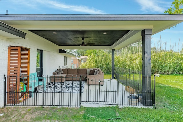 2735 County Road 208, Danbury, TX 77534 - view of patio / terrace featuring an outdoor hangout area, a ceiling fan, and fence