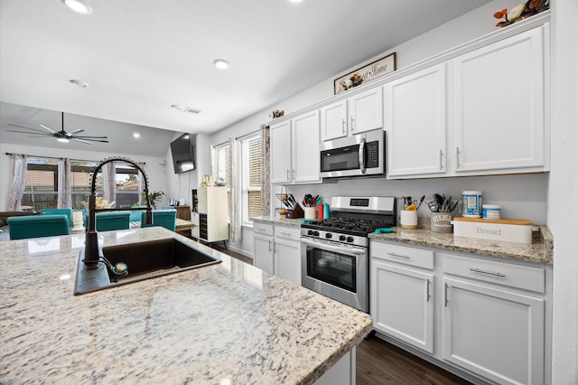 13215 Rowan Green Dr, Humble, TX 77346 - kitchen featuring appliances with stainless steel finishes, a sink, a ceiling fan, white cabinetry, and dark wood finished floors