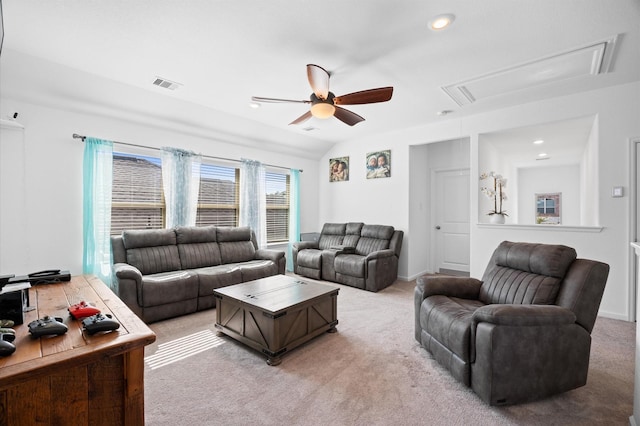 13215 Rowan Green Dr, Humble, TX 77346 - living area featuring attic access, ceiling fan, light colored carpet, and recessed lighting