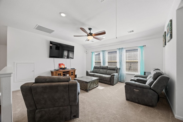13215 Rowan Green Dr, Humble, TX 77346 - living room with light colored carpet, a ceiling fan, and recessed lighting