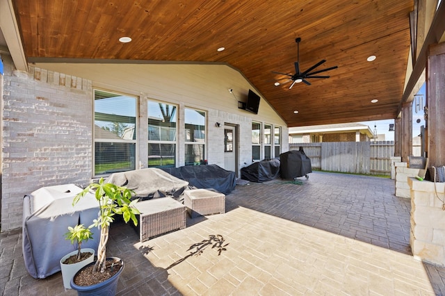 13215 Rowan Green Dr, Humble, TX 77346 - view of patio featuring fence, ceiling fan, and outdoor lounge area