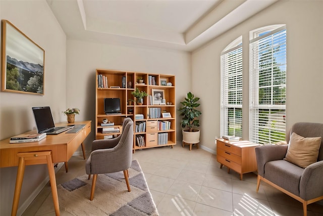 28010 Drifters Bend Dr, Spring, TX 77386 - office space featuring light tile patterned floors, a tray ceiling, and baseboards