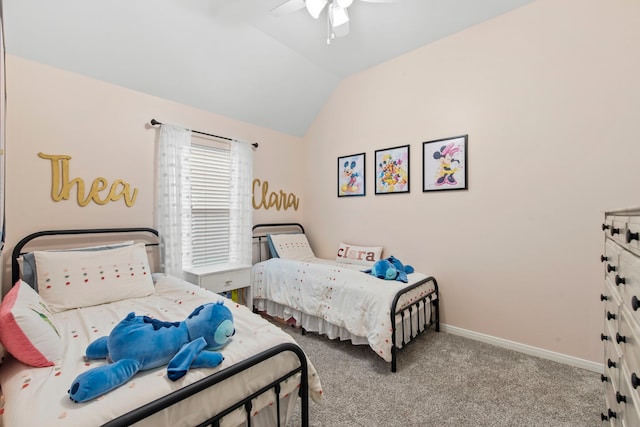 14123 Sherburn Manor Dr, Cypress, TX 77429 - carpeted bedroom featuring vaulted ceiling, baseboards, and ceiling fan