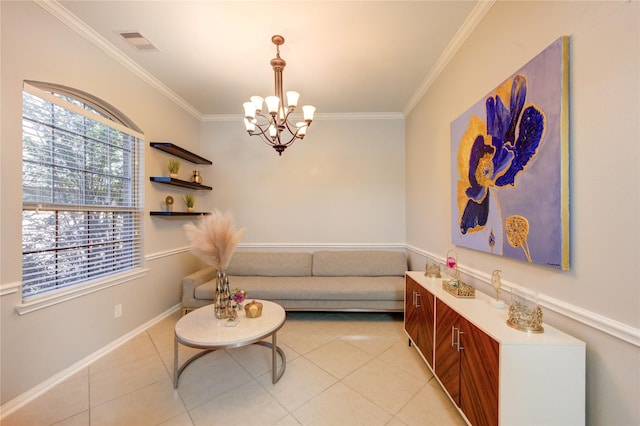 19503 Sundance Edge Ct, Richmond, TX 77407 - living room featuring a chandelier, crown molding, light tile patterned floors, and baseboards