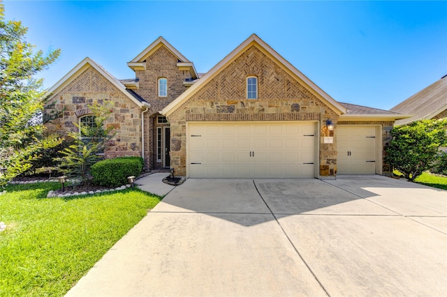 19503 Sundance Edge Ct, Richmond, TX 77407 - view of front of house with stone siding, a garage, driveway, and a front lawn