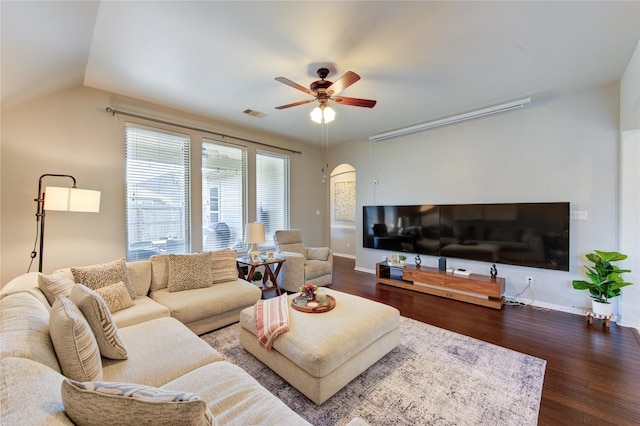 19503 Sundance Edge Ct, Richmond, TX 77407 - living area featuring wood finished floors, ceiling fan, baseboards, and lofted ceiling