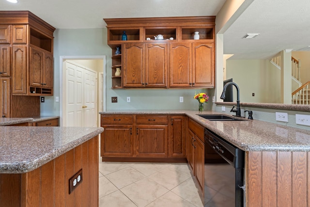 13506 Scenic Glade Dr, Houston, TX 77059 - kitchen with open shelves, dishwasher, a sink, and brown cabinets