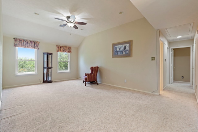 13506 Scenic Glade Dr, Houston, TX 77059 - unfurnished room featuring attic access, a ceiling fan, light colored carpet, baseboards, and lofted ceiling