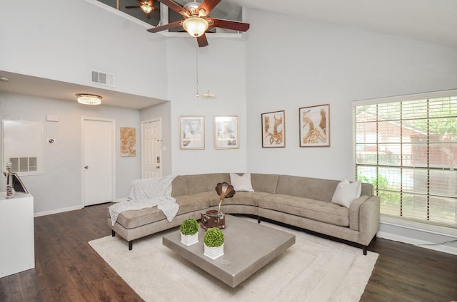 2211 S Kirkwood Rd Unit 1, Houston, TX 77077 - living area with high vaulted ceiling, healthy amount of natural light, wood finished floors, and a ceiling fan