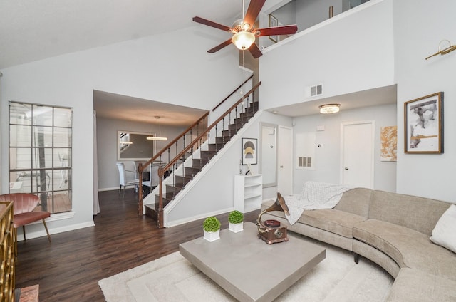 2211 S Kirkwood Rd Unit 1, Houston, TX 77077 - living area with stairs, high vaulted ceiling, wood finished floors, and a ceiling fan