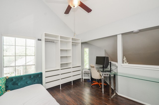 2211 S Kirkwood Rd Unit 1, Houston, TX 77077 - bedroom featuring vaulted ceiling, wood finished floors, an office area, and ceiling fan