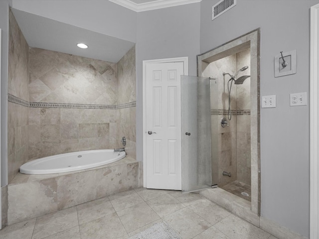 13 Hickory Shadows Dr, Houston, TX 77055 - full bath with a bath, a tile shower, crown molding, and tile patterned flooring