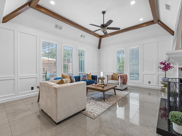 13 Hickory Shadows Dr, Houston, TX 77055 - living room featuring a decorative wall, a ceiling fan, vaulted ceiling, healthy amount of natural light, and granite floors