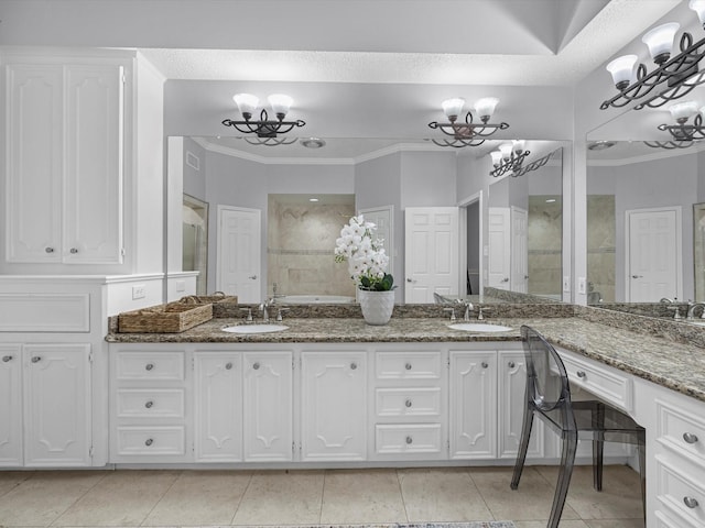 13 Hickory Shadows Dr, Houston, TX 77055 - full bath with a chandelier, double vanity, tiled shower, crown molding, and tile patterned flooring