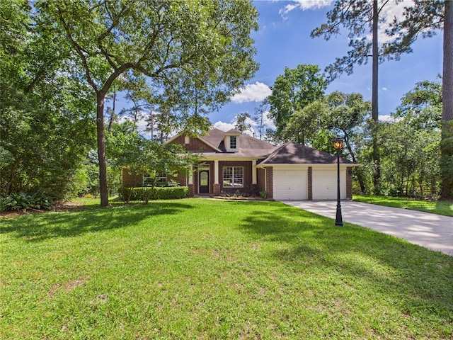 11628 King Edward Ct, Montgomery, TX 77316 - view of front of house featuring brick siding, an attached garage, concrete driveway, a front lawn, and a porch