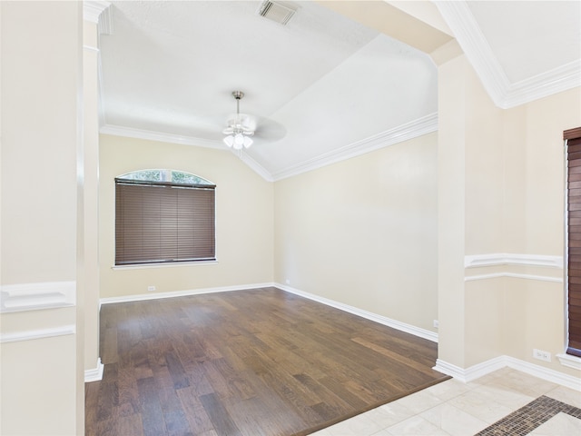 11628 King Edward Ct, Montgomery, TX 77316 - empty room with ceiling fan, ornamental molding, baseboards, vaulted ceiling, and wood finished floors